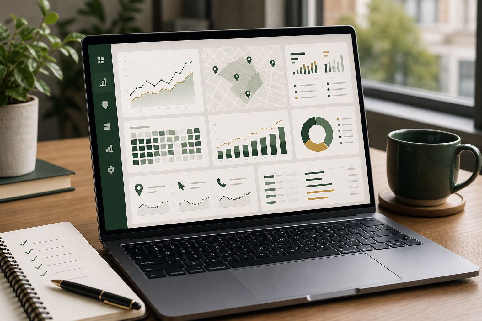 A laptop showing abstract local SEO reporting charts, map pins, and enquiry tracking visuals